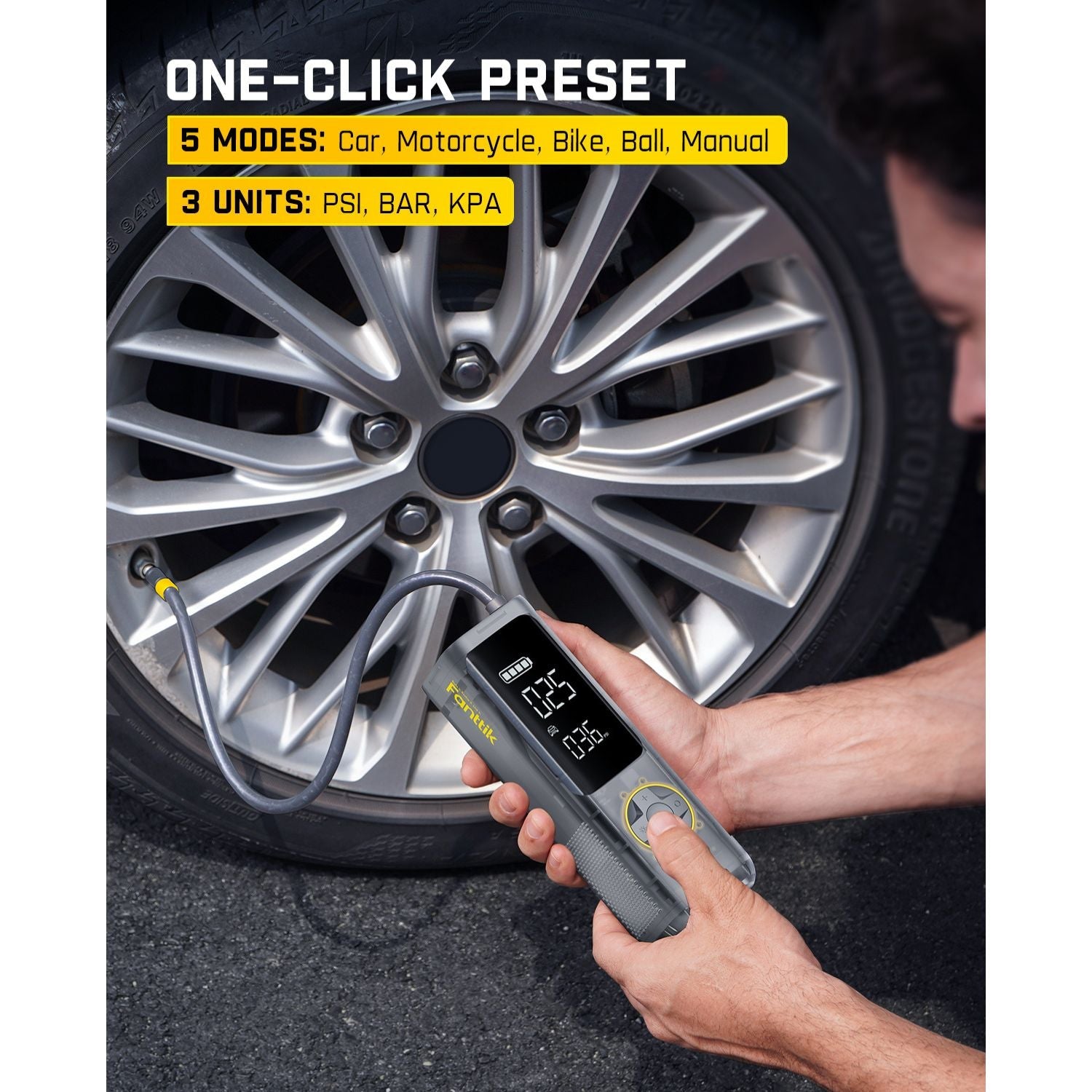 Fanttik X8 APEX tire inflator with digital PSI display, connected to car tire. Shows 5 preset modes & 3 units.