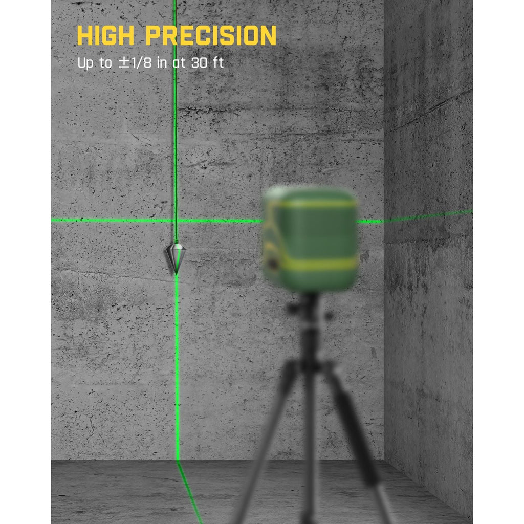 Fanttik D2 laser level with green lines, showing high precision (±1/8 in at 30 ft) on concrete wall.