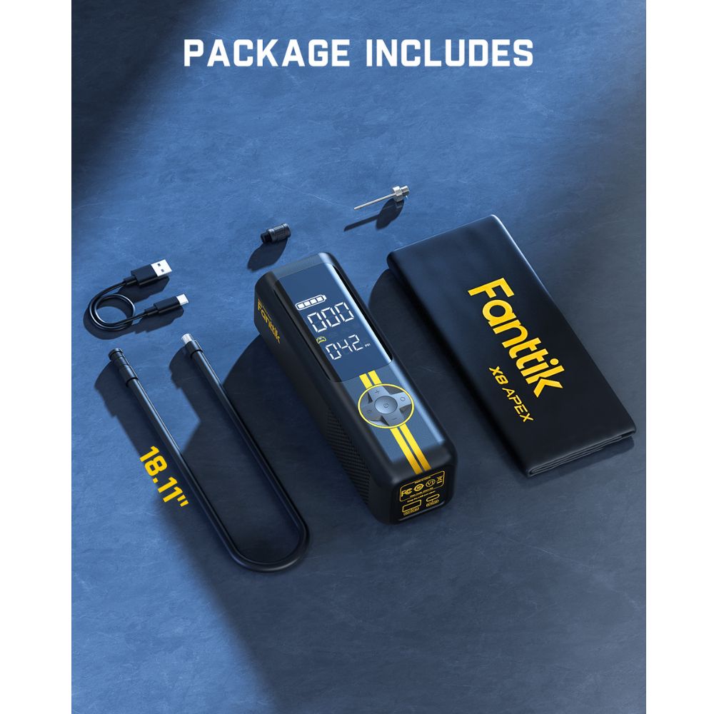 Fanttik X8 APEX tire inflator package with hose, USB cable, adapters and carrying case