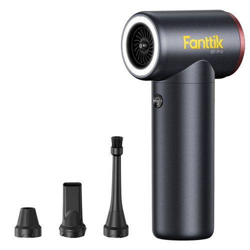 A handheld Fanntik B11 Pro cordless air duster in matte black, shown with three interchangeable nozzle attachments on a plain white background.