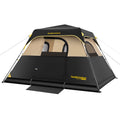 FanttikOutdoor Zeta C4 Pro 4 person black and tan instant cabin tent with mesh windows and yellow accents.