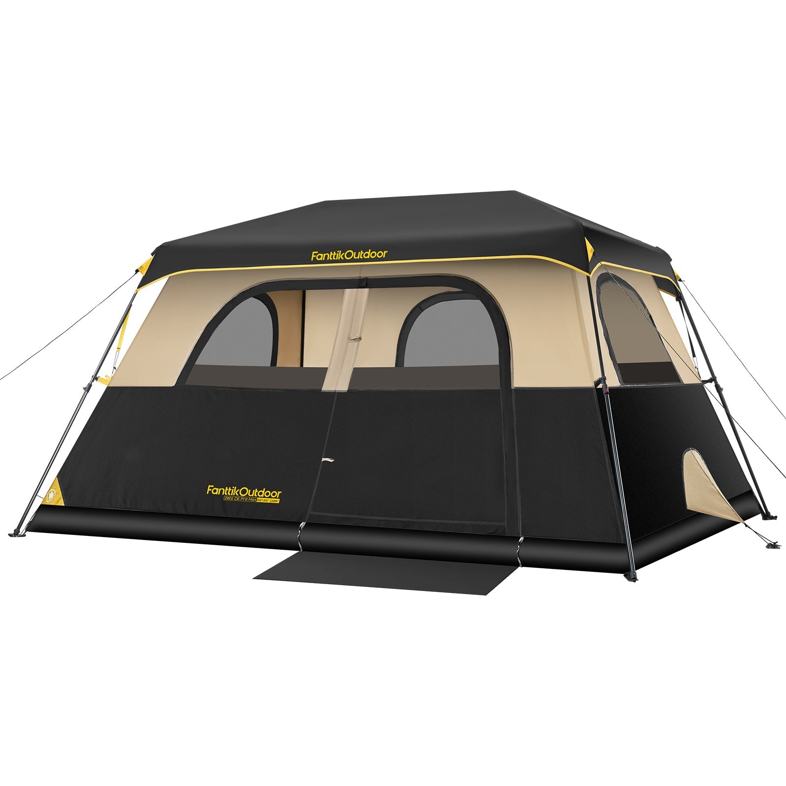 FanttikOutdoor Zeta C6 Pro Max 6-person camping tent with double roof, mesh windows, and yellow accents.