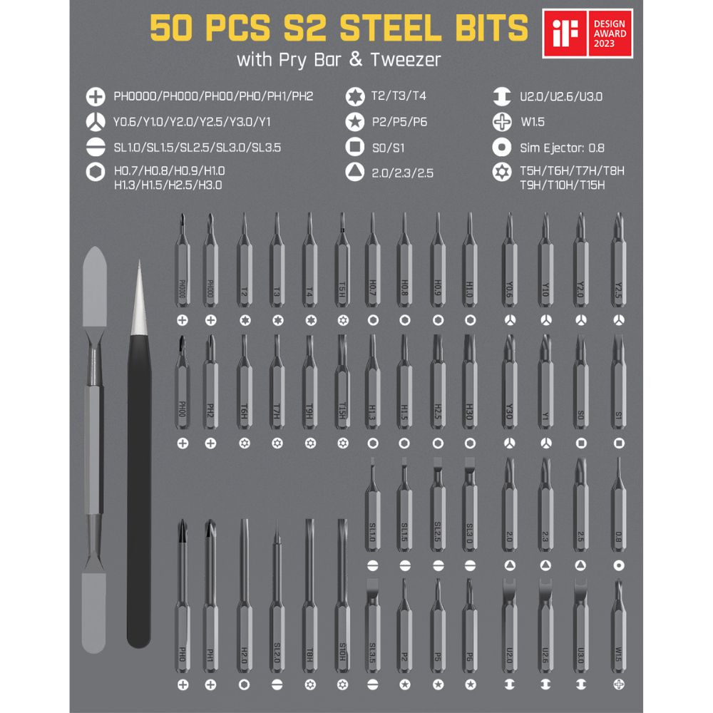 Fanttik E1 Max 50-piece S2 steel bits set with pry bar, tweezers, and Design Award 2023.