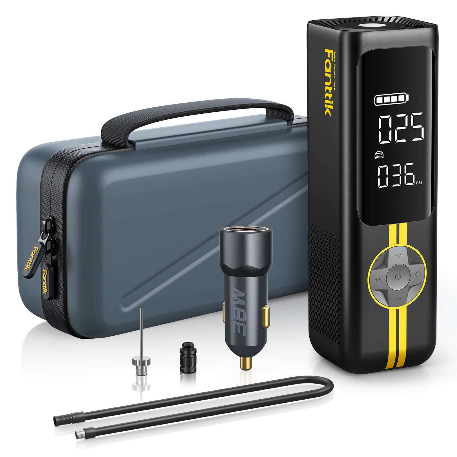 Fanttik X8 APEX tire inflator package with storage case, car charger, and accessories