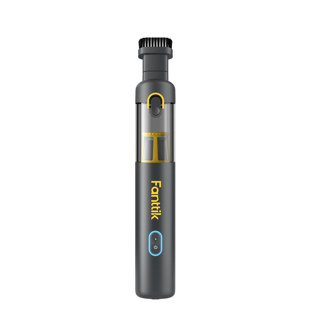 Fanttik Slim V8 Apex car vacuum in gray with brush attachment and visible dustbin.